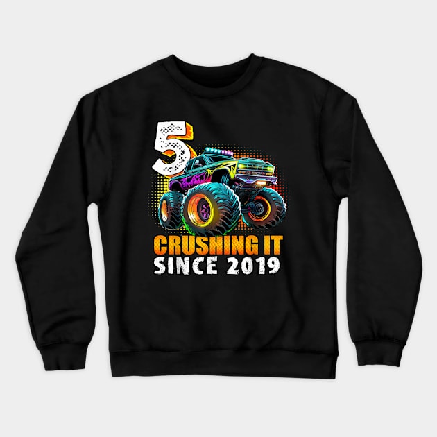 Monster Truck 5 Year Old Boys 5th Birthday Party Born 2019 Crewneck Sweatshirt by elmiragokoryan